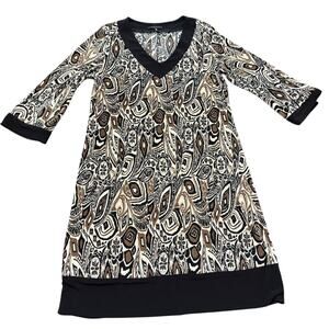 Helene Blake dress, crinkle black brown white pattern, vneck, 3/4 length, XL